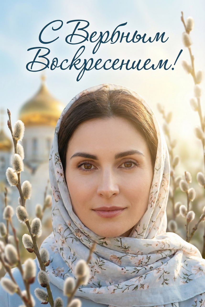 ИИ-фотосессия по фото: праздничный портрет женщины в светлом цветочном платке среди веток вербы на фоне золотого купола храма с надписью С Вербным Воскресением