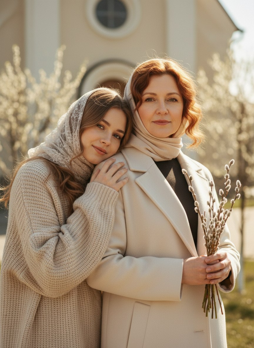 ИИ-фотосессия по фото: мама и взрослая дочь в светлых платках у храма с веточками вербы в руках.