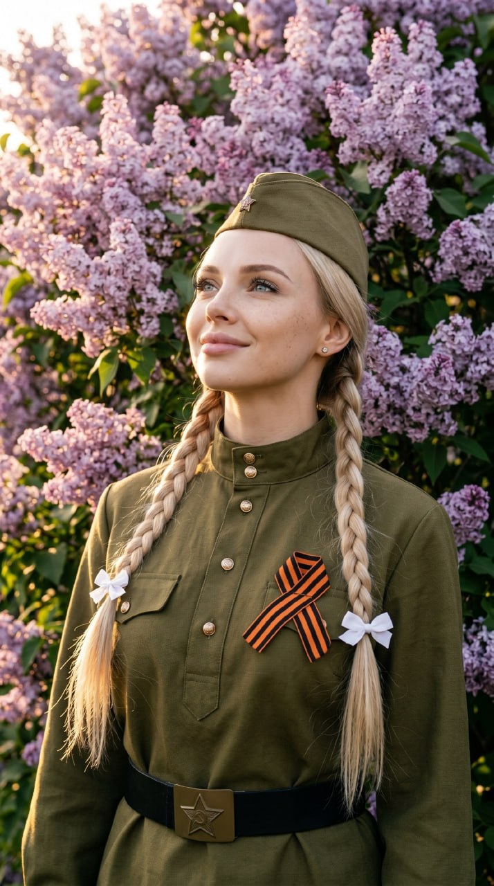 ИИ-фотосессия по фото: девушка в советской гимнастёрке с георгиевской ленточкой и пилотке на фоне пышных кустов сирени.