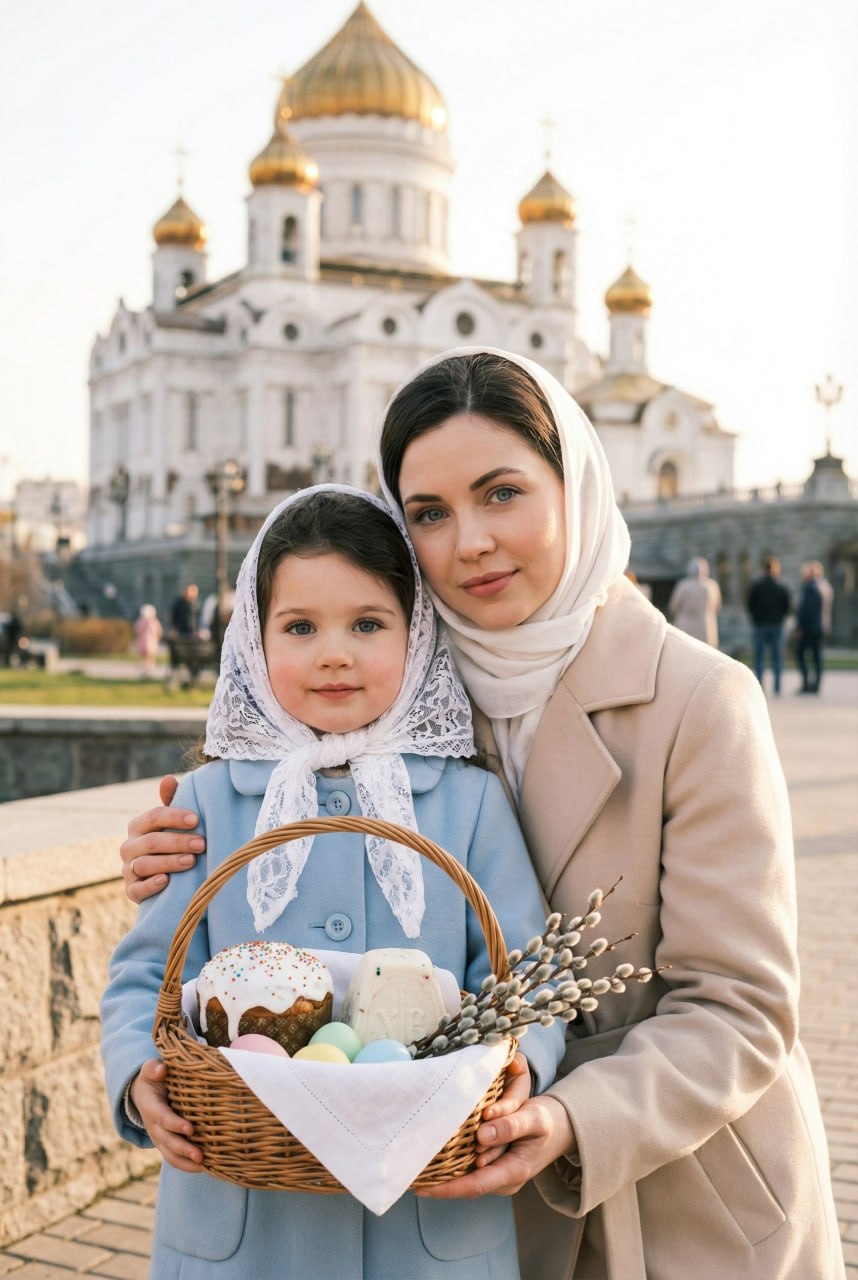 ИИ-фотосессия по фото: женщина и девочка в платках и пальто держат пасхальную корзину с куличом и вербой на фоне православного собора