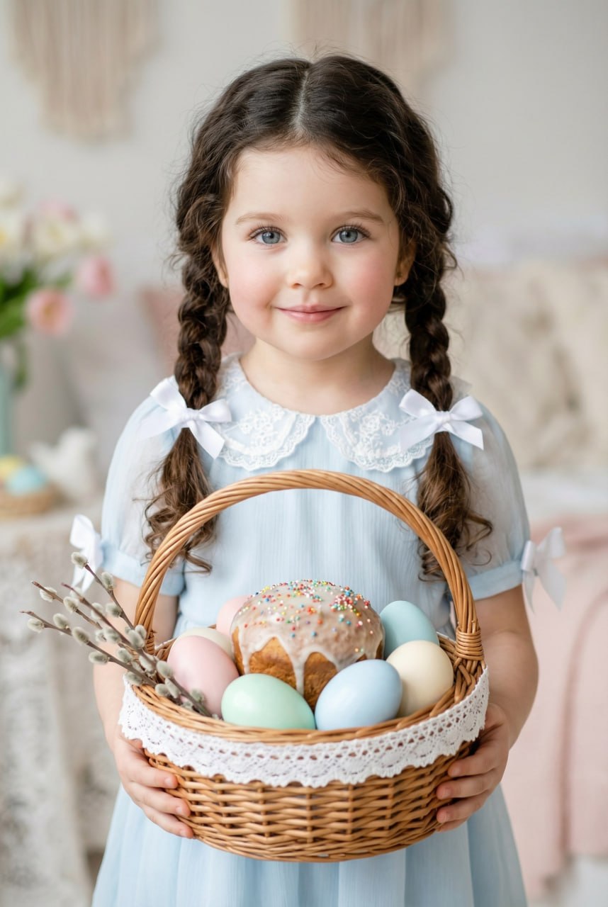 ИИ-фотосессия по фото: улыбающаяся девочка в голубом платье держит плетеную корзинку с пасхальным куличом, яйцами и веточками вербы.