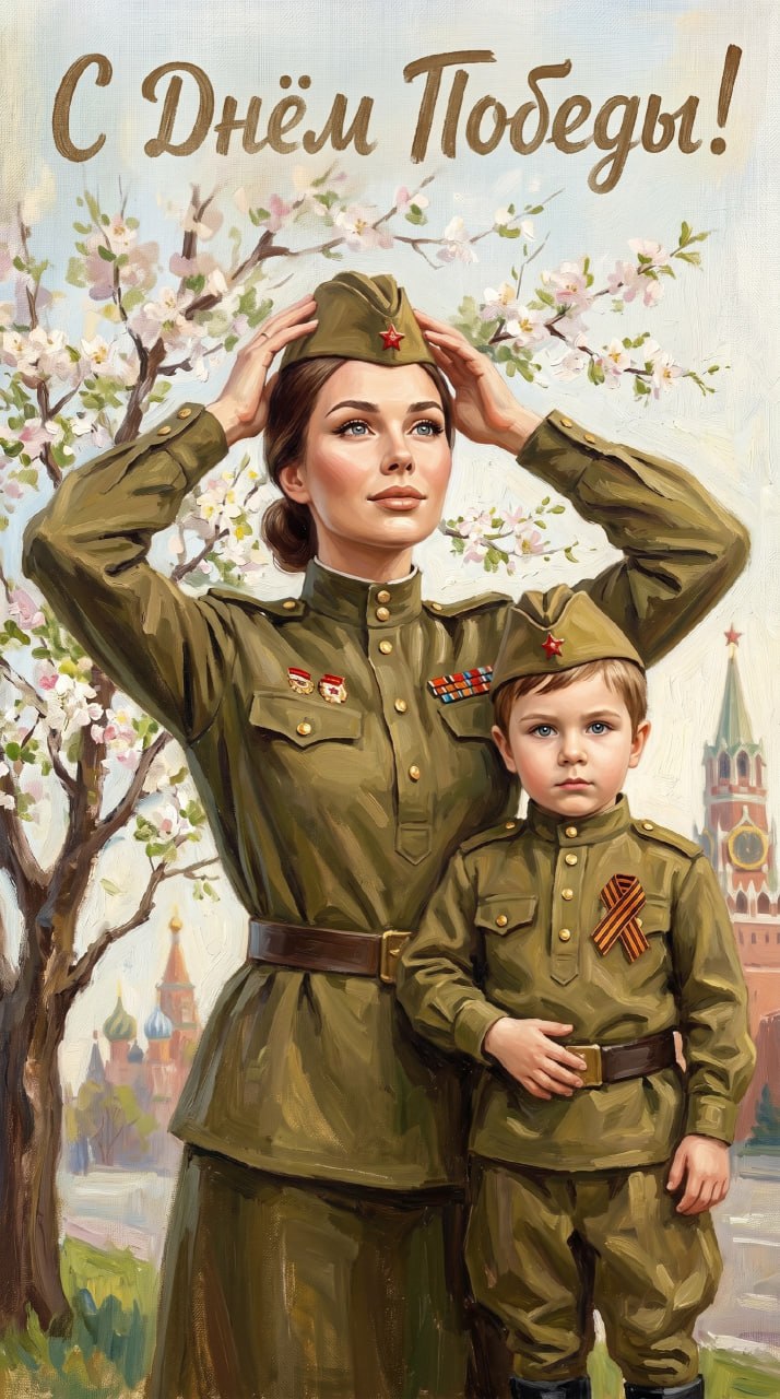 ИИ-фотосессия по фото: живописная открытка к 9 Мая с мамой и сыном в советской военной форме на фоне цветущего дерева и Кремля.