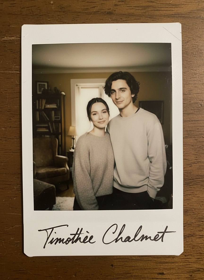 ИИ-фотосессия по фото: винтажный снимок Polaroid с парой в свитерах в уютной комнате и автографом на белой рамке.