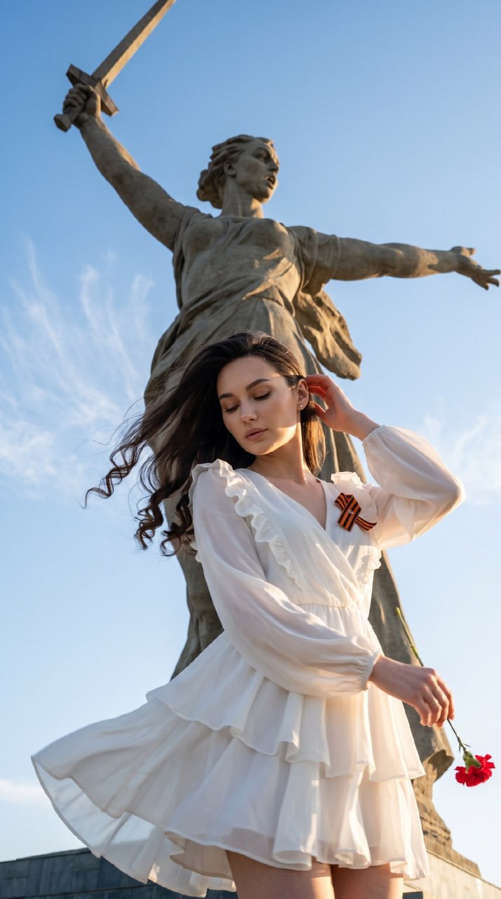 ИИ-фотосессия по фото: девушка в белом платье с георгиевской лентой и гвоздикой на фоне монумента «Родина-мать зовёт».