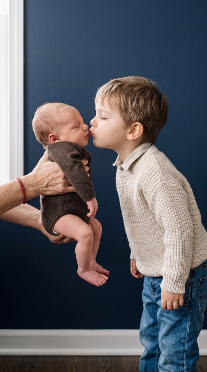 ИИ-фотосессия по фото: старший мальчик в свитере целует новорождённого малыша на руках взрослого на фоне синей стены.
