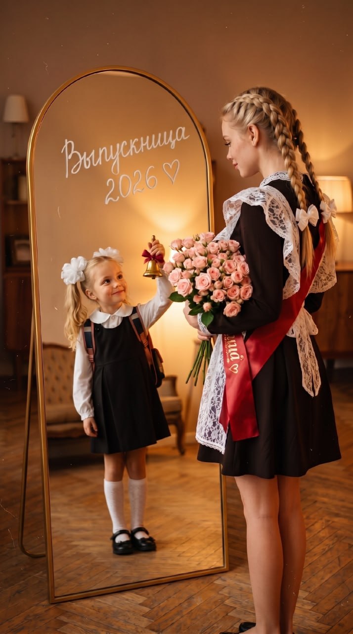 ИИ-фотосессия по фото: выпускница в школьной форме с букетом роз смотрит в зеркало на отражение себя первоклассницей с колокольчиком.