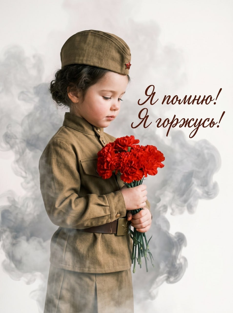ИИ-фотосессия по фото: ребенок в советской военной форме с букетом красных гвоздик и надписью «Я помню! Я горжусь!» на фоне дымки.