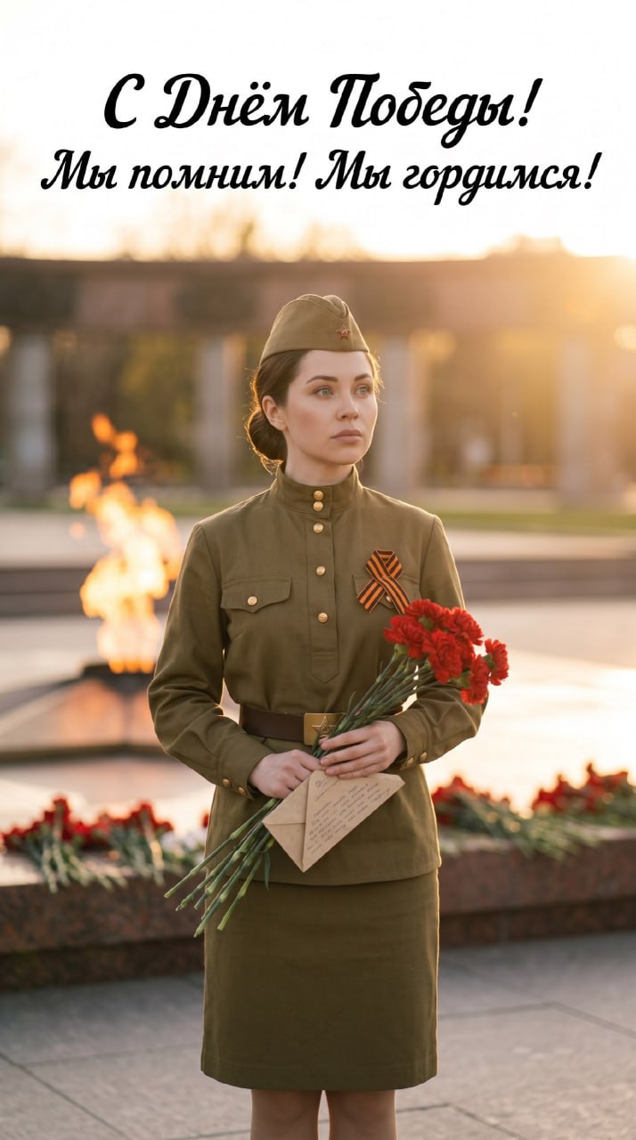 ИИ-фотосессия по фото: девушка в советской военной форме и пилотке с красными гвоздиками и фронтовым письмом у Вечного огня на закате с надписью С Днём Победы.