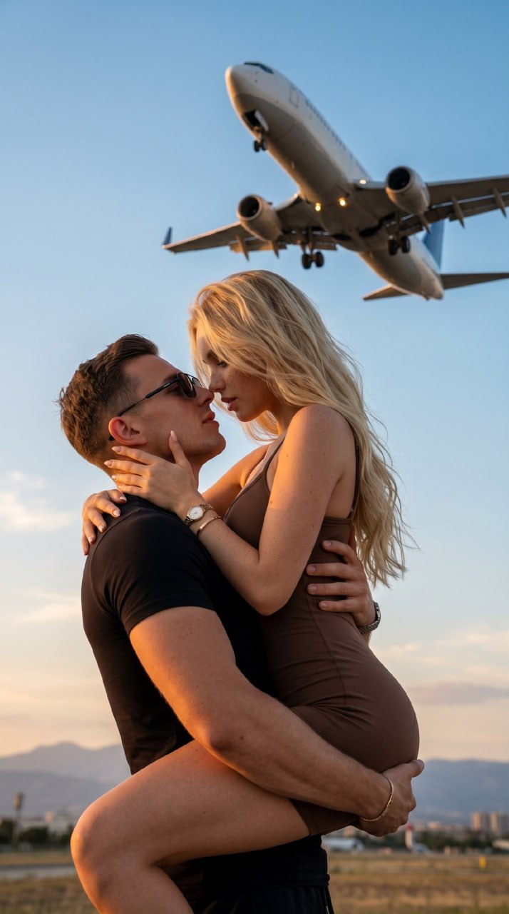 ИИ-фотосессия по фото: мужчина держит девушку на руках на закате, а над ними в небе пролетает пассажирский самолёт.