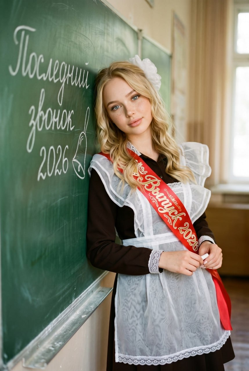 ИИ-фотосессия по фото: выпускница в школьной форме с белым фартуком и красной лентой у классной доски