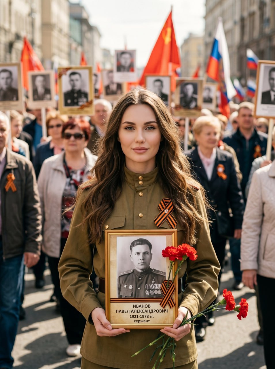 ИИ-фотосессия по фото: девушка в советской гимнастёрке с цветами и портретом ветерана на городском шествии в День Победы 9 мая.