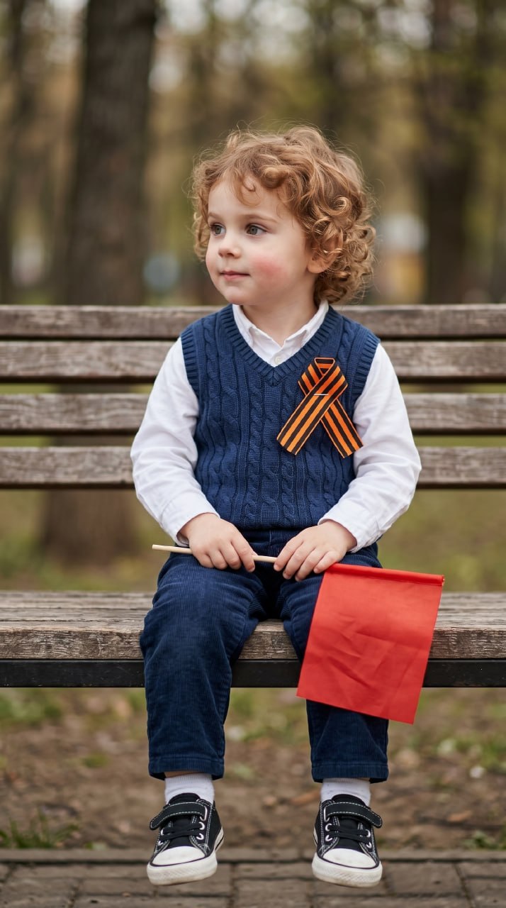 ИИ-фотосессия по фото: маленький мальчик на скамейке в парке с георгиевской ленточкой на жилете и красным флажком.