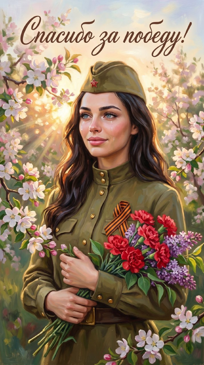 ИИ-фотосессия по фото: портрет девушки в военной форме времен ВОВ с пилоткой и букетом цветов в цветущем саду ко Дню Победы с надписью Спасибо за победу.