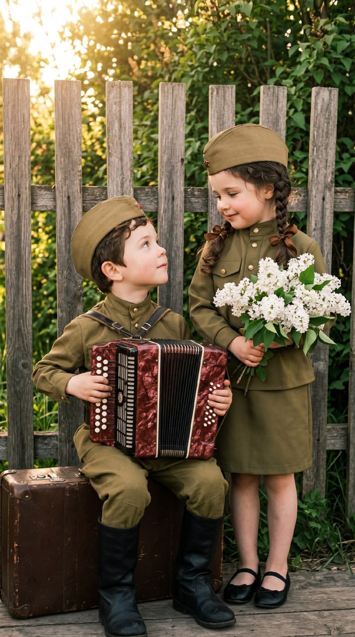ИИ-фотосессия по фото: мальчик с аккордеоном на чемодане и девочка с букетом сирени в советской военной форме у деревянного забора на закате