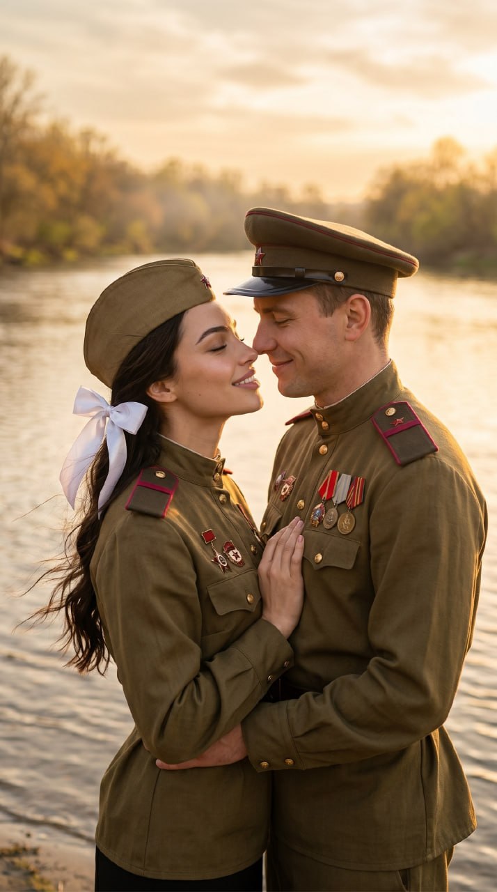 ИИ-фотосессия по фото: мужчина и женщина в советской военной форме времен ВОВ нежно обнимаются на берегу реки на закате.