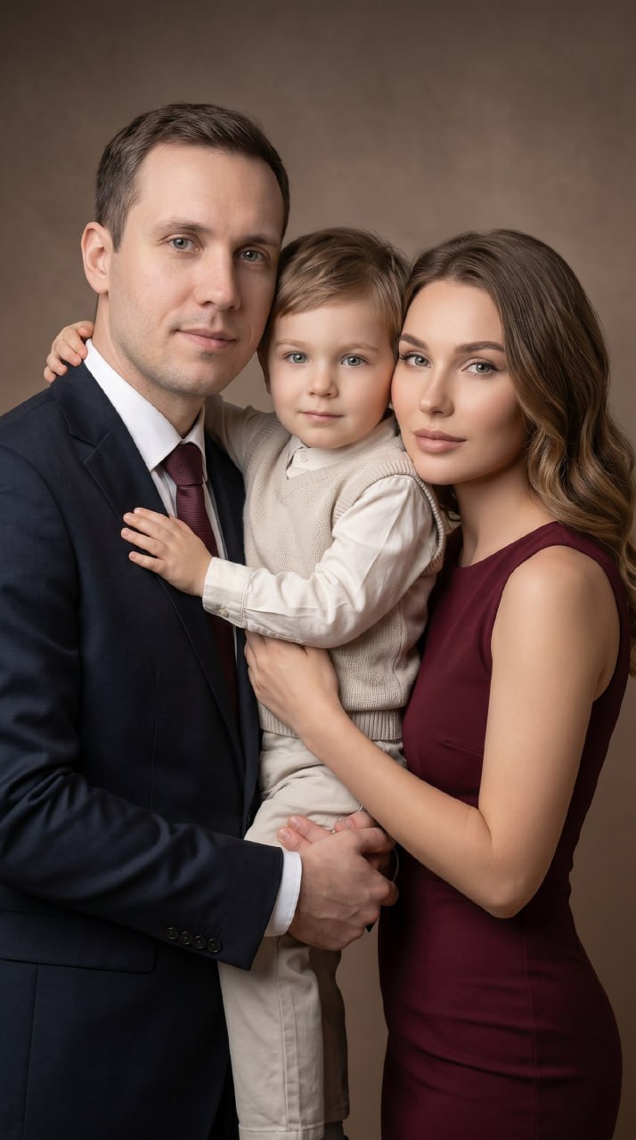ИИ-фотосессия по фото: классический студийный портрет родителей с сыном в костюме и бордовом платье на бежевом фоне