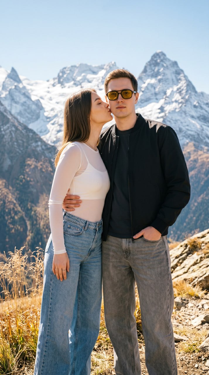 ИИ-фотосессия по фото: влюбленная пара на фоне заснеженных горных пиков, девушка целует мужчину в щеку в солнечный день