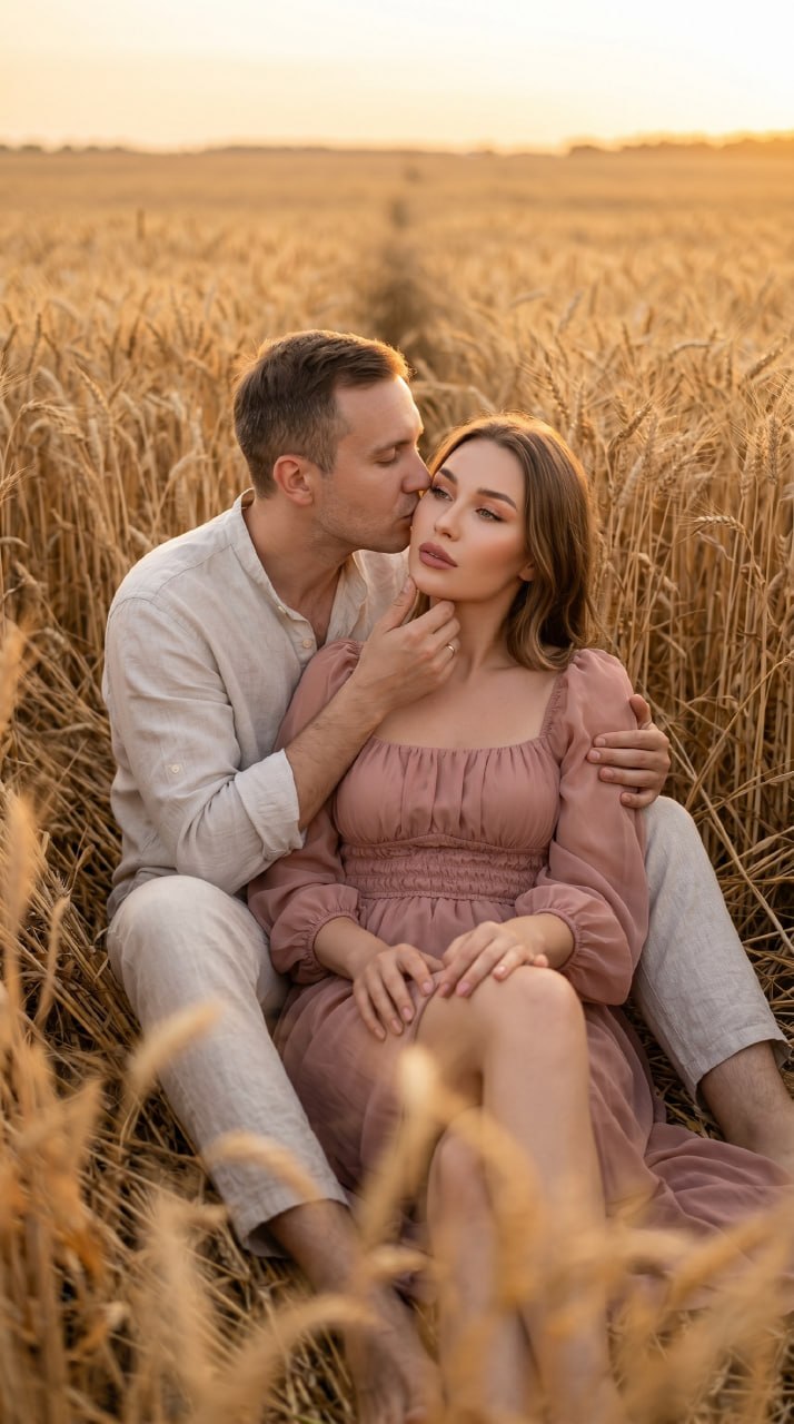 ИИ-фотосессия по фото: романтическая пара в пшеничном поле на закате, мужчина в льняной рубашке целует девушку в щеку.
