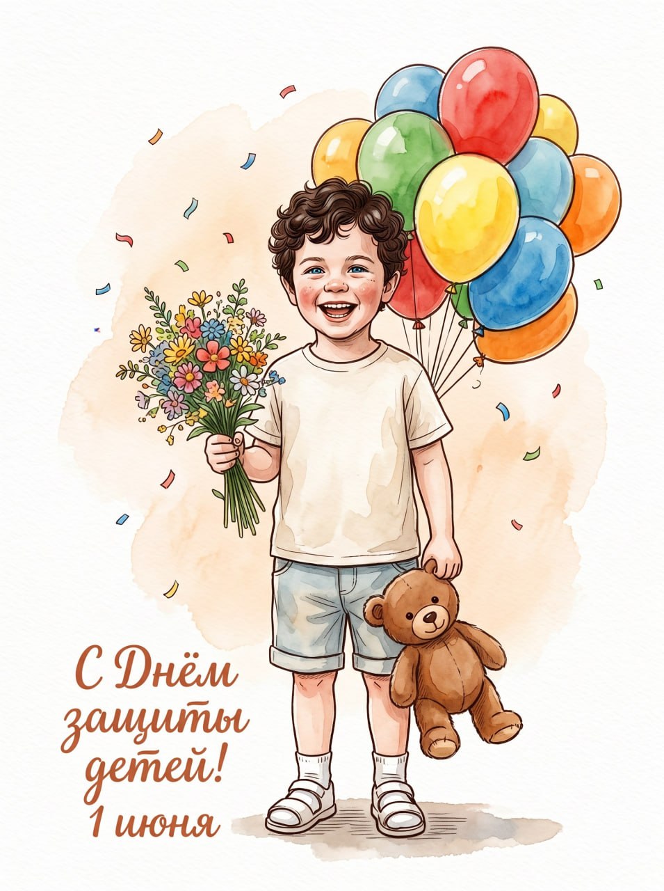 ИИ-фотосессия по фото: акварельный рисунок мальчика с букетом цветов, воздушными шарами и плюшевым мишкой к 1 июня.