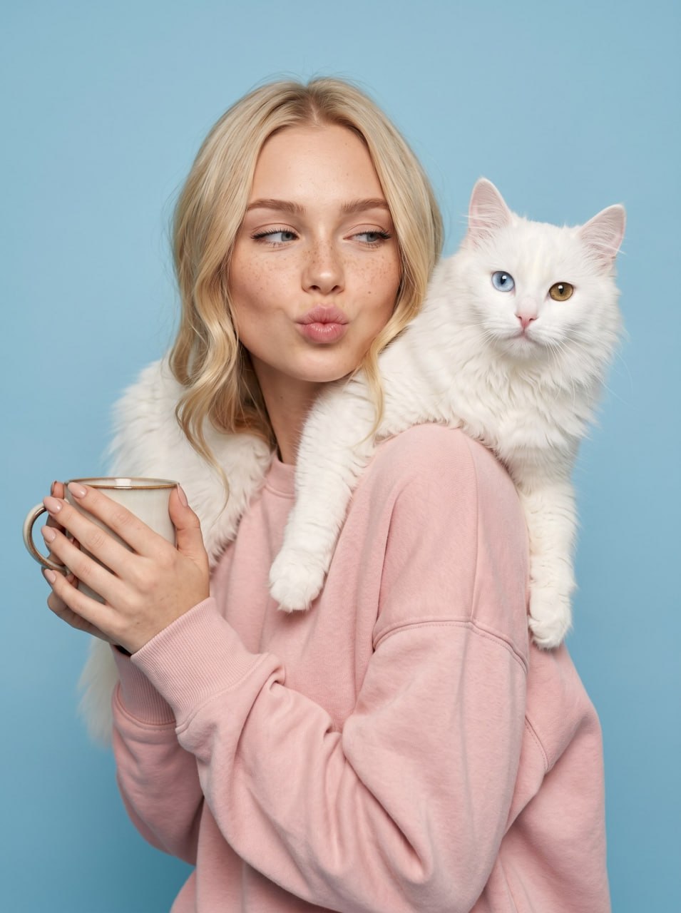 ИИ-фотосессия по фото: девушка в розовом свитшоте с кружкой кофе и белым пушистым котом на плечах на голубом фоне.