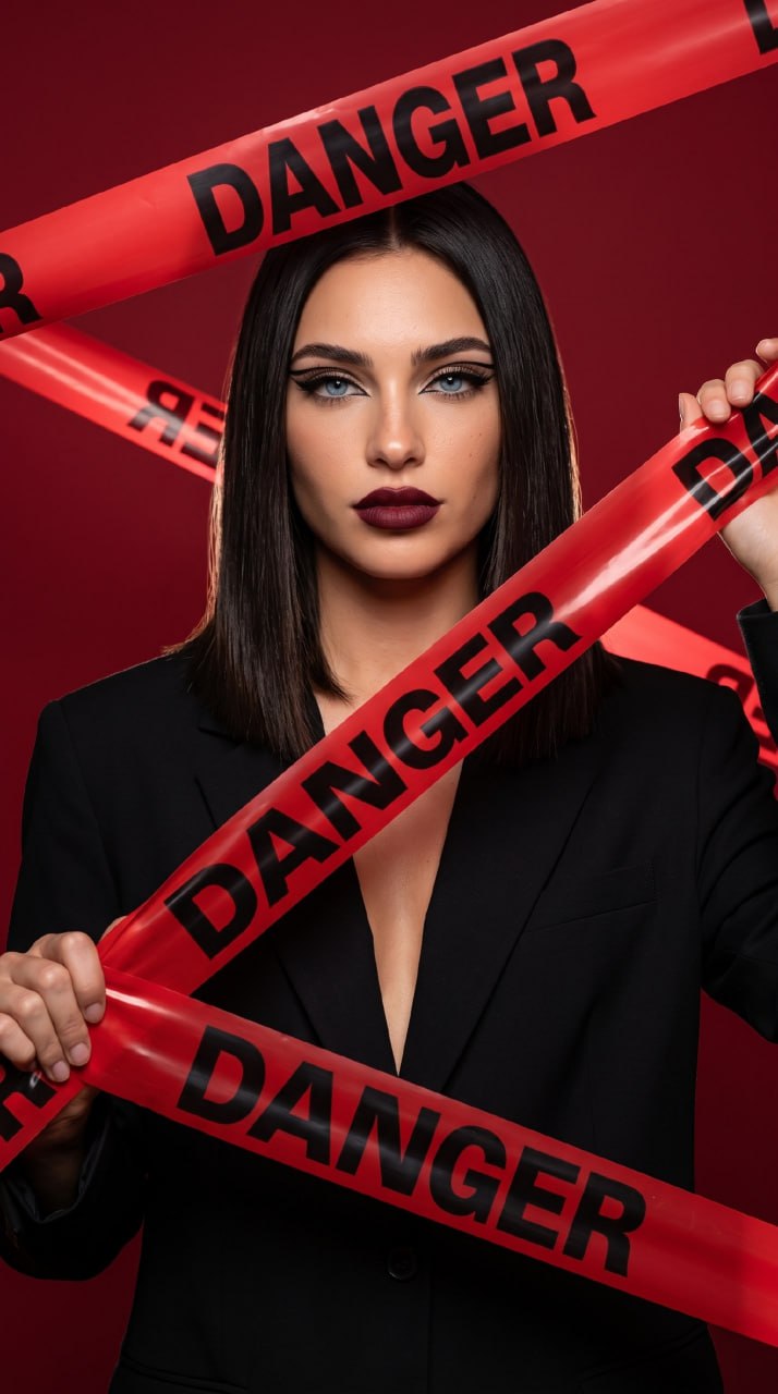 ИИ-фотосессия по фото: портрет девушки в черном жакете с сигнальными лентами Danger на красном студийном фоне.