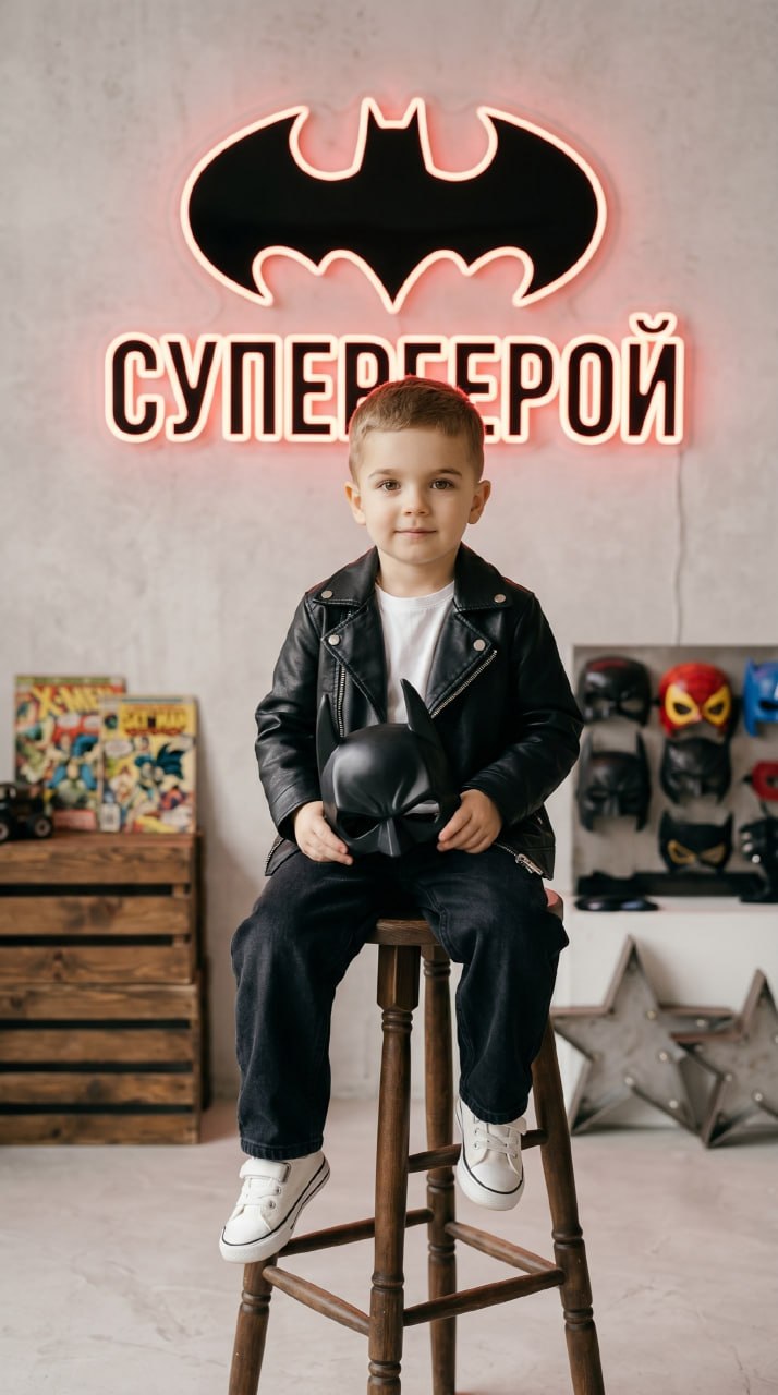 ИИ-фотосессия по фото: мальчик в кожаной куртке сидит на высоком стуле с маской Бэтмена в руках на фоне неоновой вывески Супергерой.