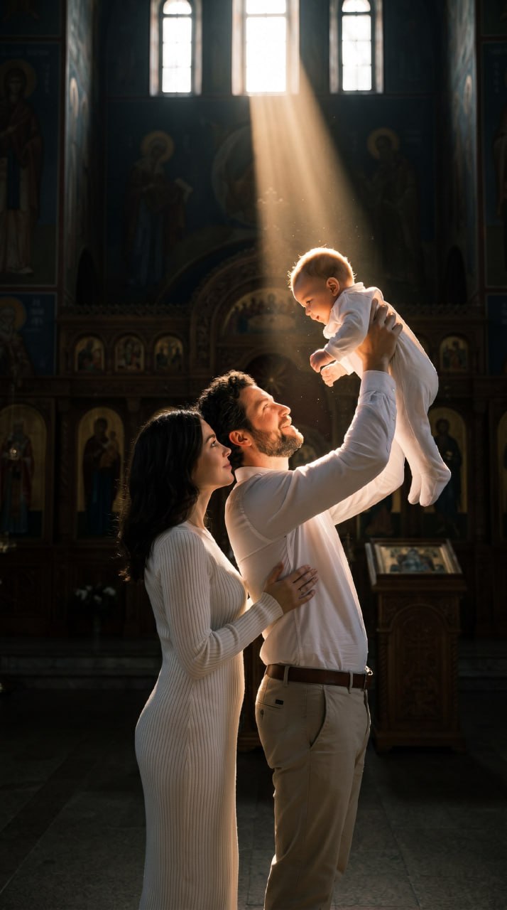 ИИ-фотосессия по фото: родители в светлой одежде держат младенца в храме под лучом солнечного света