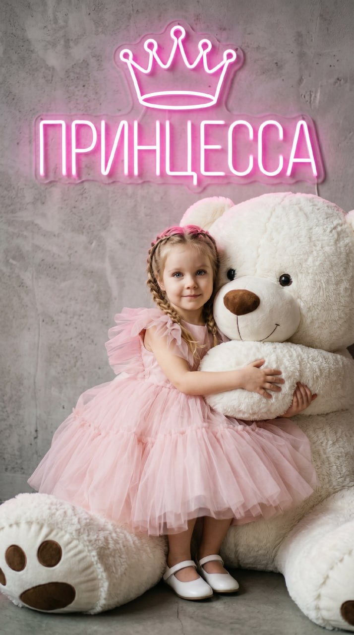 ИИ-фотосессия по фото: девочка в пышном розовом платье обнимает гигантского белого плюшевого медведя под неоновой вывеской Принцесса.