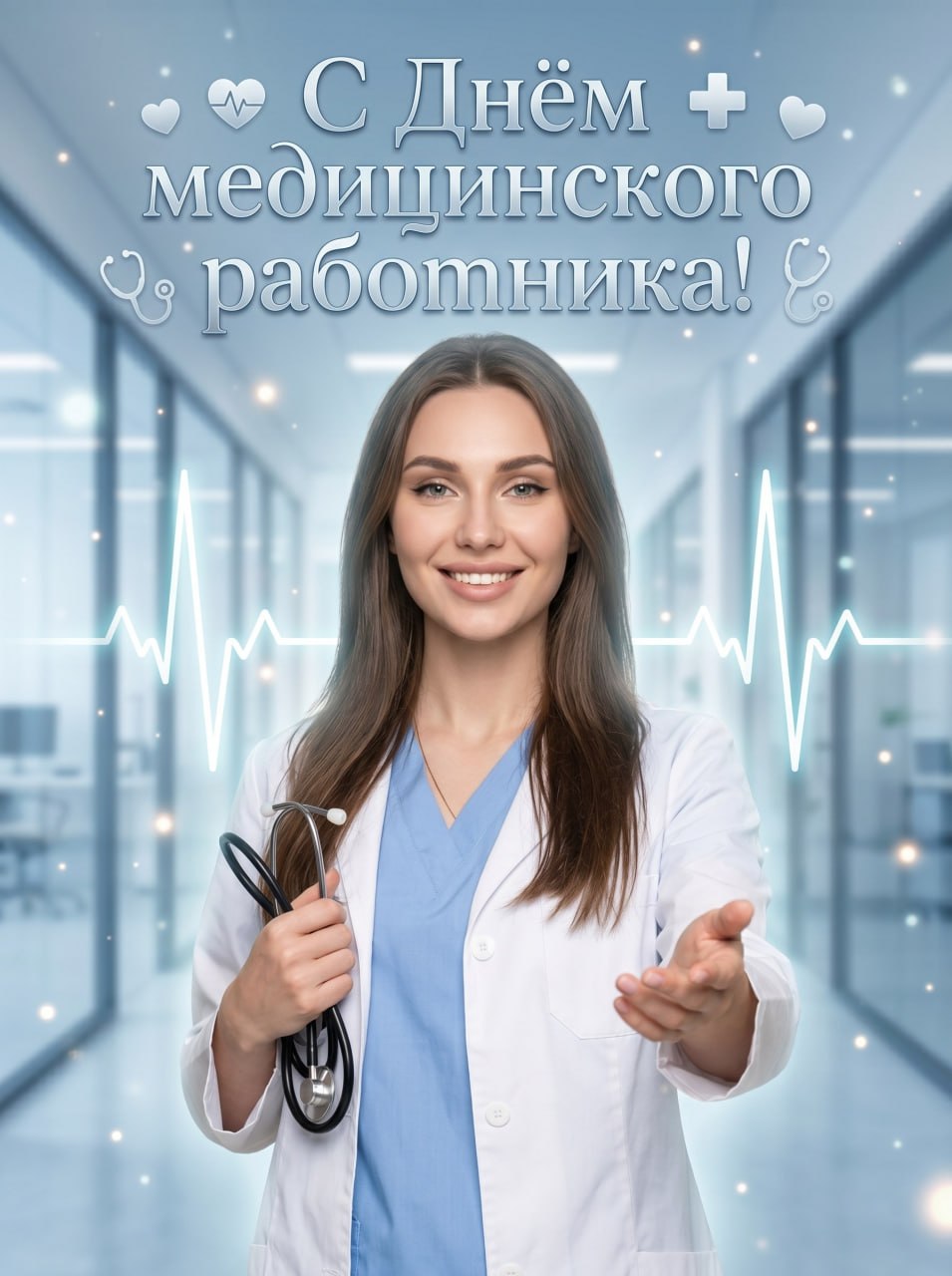 ИИ-фотосессия по фото: открытка ко Дню медицинского работника с женщиной-врачом в белом халате и со стетоскопом в современной клинике