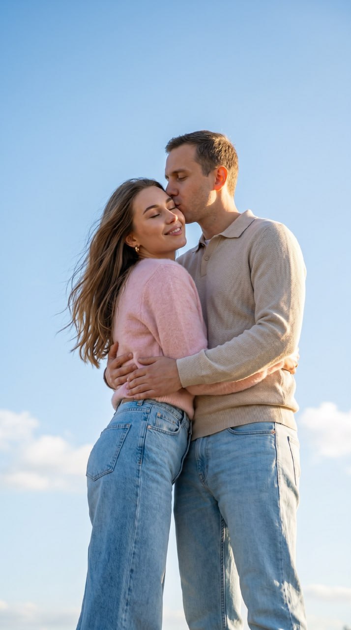 ИИ-фотосессия по фото: обнимающаяся пара в светлых свитерах и джинсах на фоне чистого голубого неба в мягких солнечных лучах