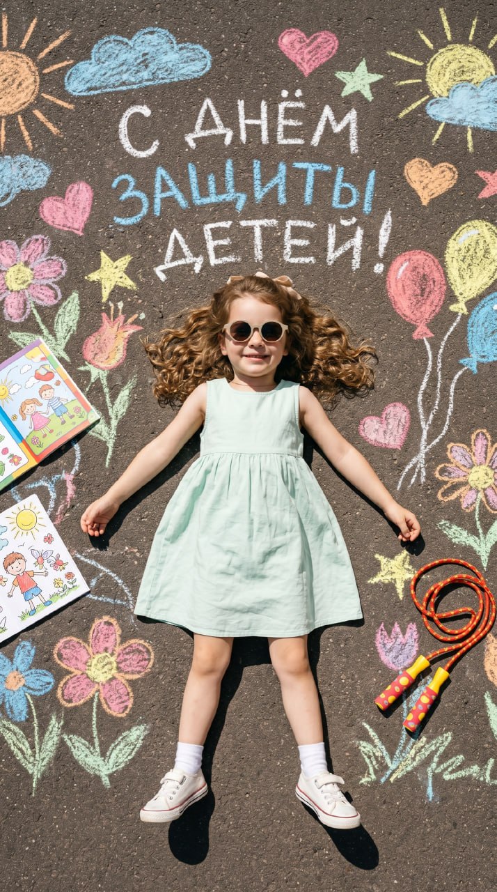 ИИ-фотосессия по фото: ребенок лежит на асфальте в окружении рисунков цветными мелками и надписи С Днем защиты детей.