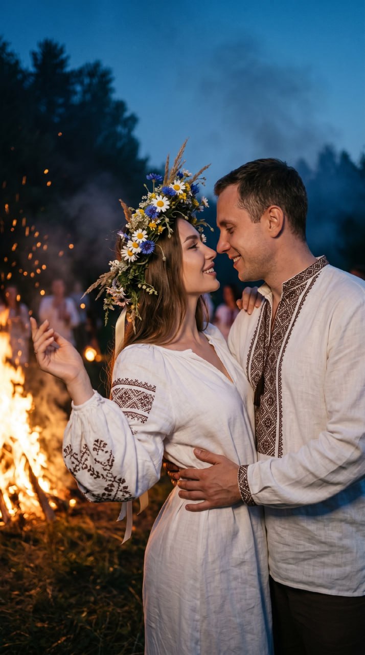 ИИ-фотосессия по фото: пара в традиционных белых вышитых рубашках и цветочном венке обнимается у вечернего костра на праздник Ивана Купала.
