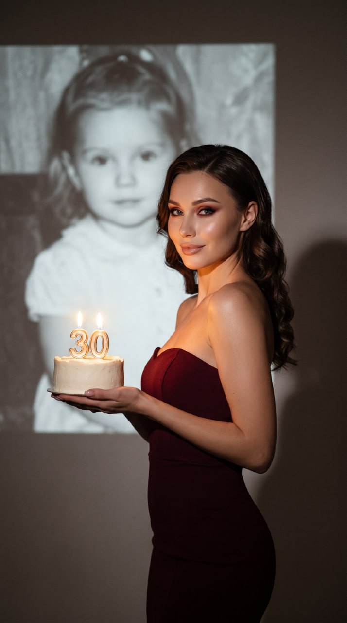 ИИ-фотосессия по фото: женщина в бордовом платье с праздничным тортом и свечами 30 на фоне проекции своего детского снимка.