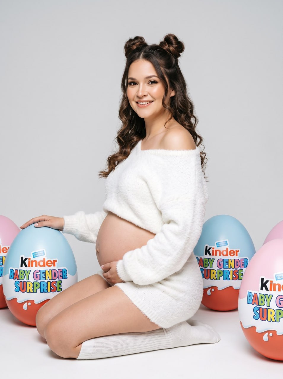 ИИ-фотосессия по фото: беременная девушка в белом пушистом костюме сидит в студии среди больших декоративных яиц Kinder Surprise.
