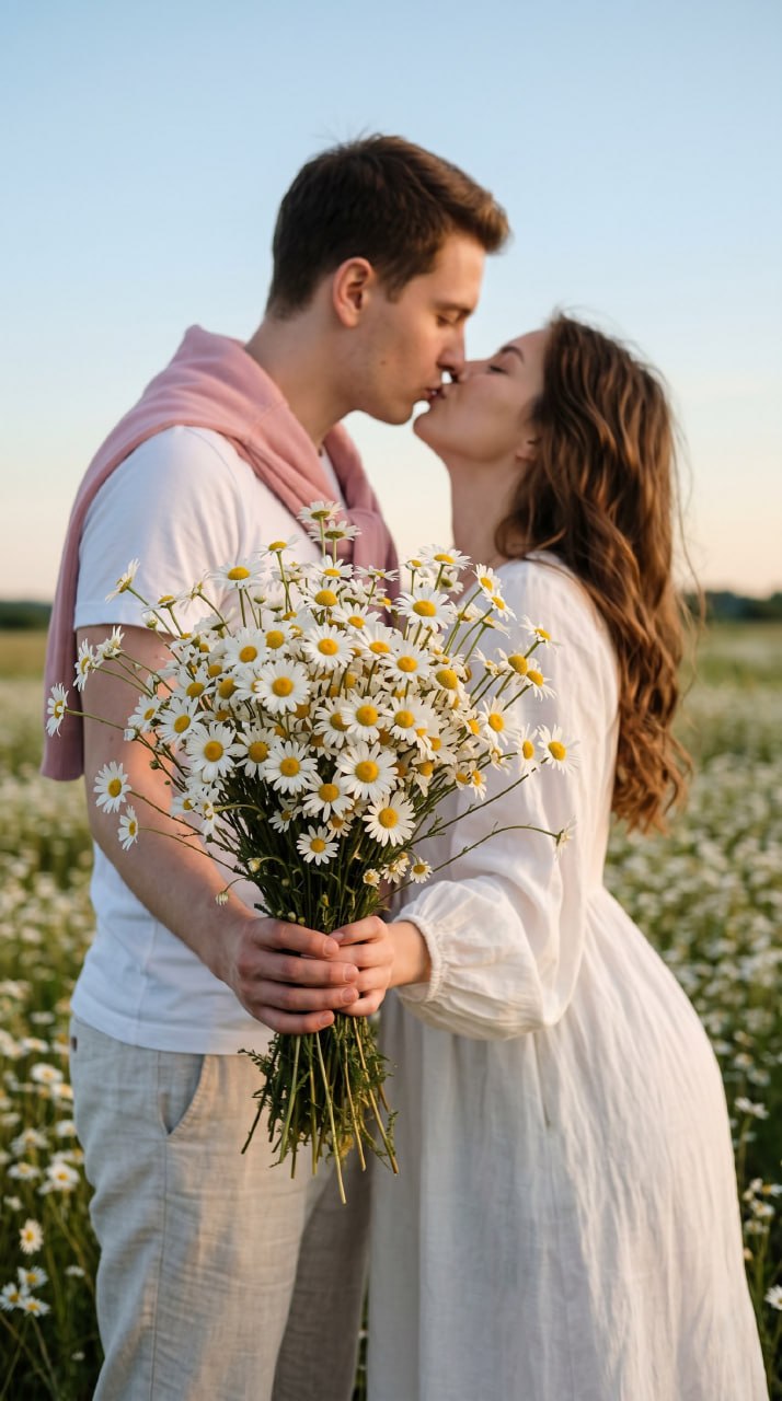 ИИ-фотосессия по фото: романтический поцелуй пары на цветущем ромашковом поле с пышным букетом цветов в лучах заката.
