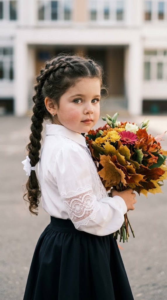 ИИ-фотосессия по фото: девочка в нарядной школьной форме с косами и осенним букетом на фоне школы.