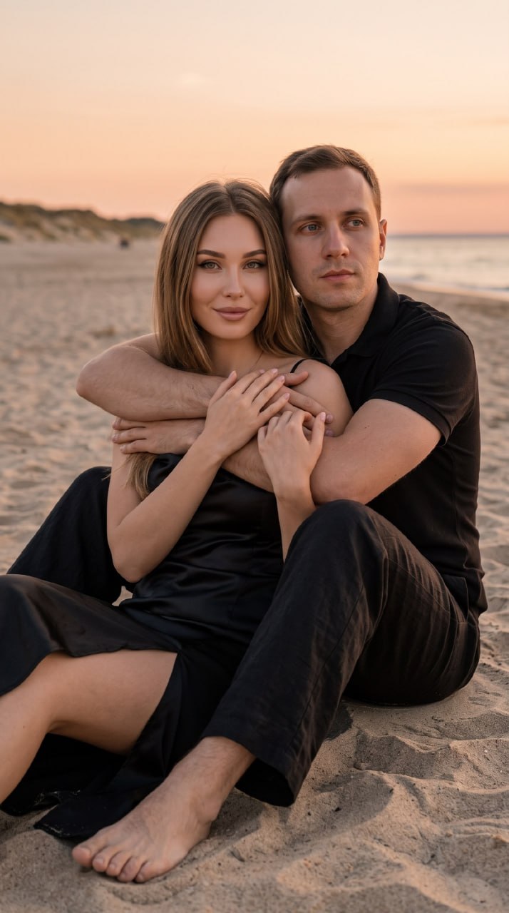 ИИ-фотосессия по фото: мужчина и женщина в черных нарядах сидят в обнимку на песке пляжа в мягких лучах заката.