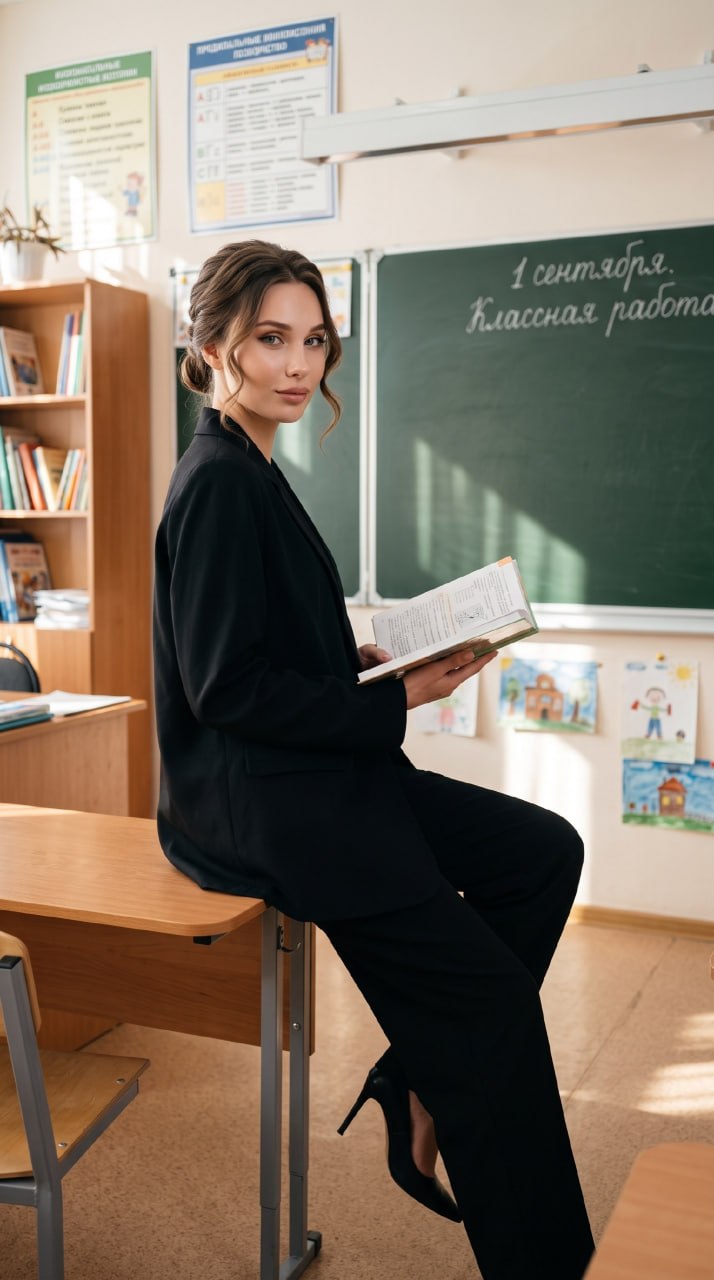 ИИ-фотосессия по фото: девушка в строгом костюме сидит на парте с книгой в светлом школьном классе на фоне зелёной доски.