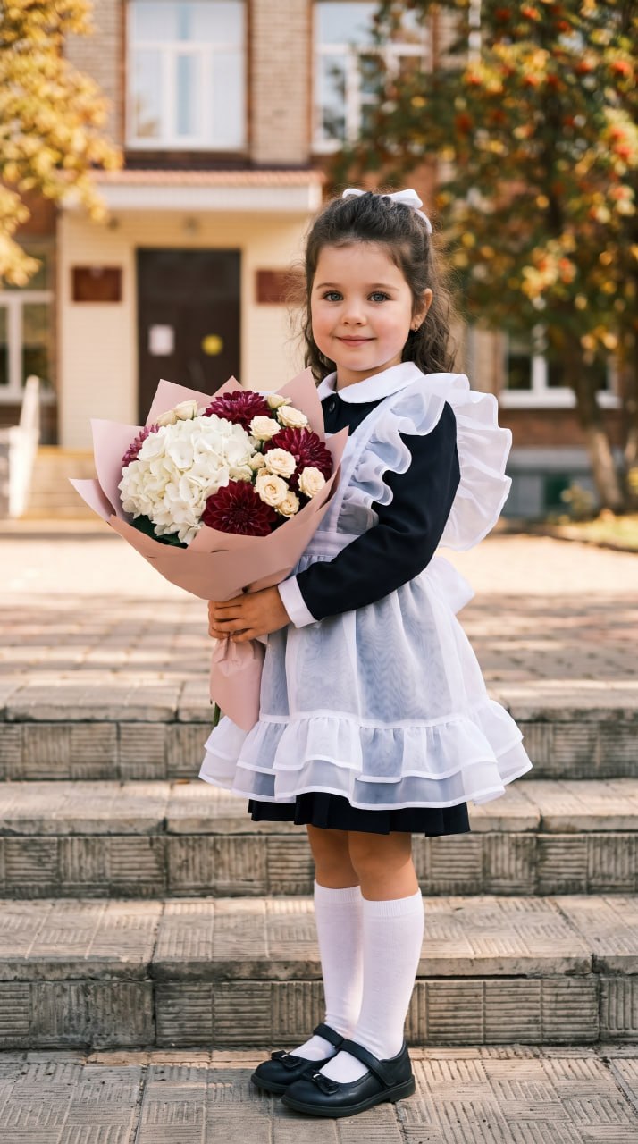 ИИ-фотосессия по фото: школьница в форме с белым фартуком и букетом цветов на крыльце школы осенним днем