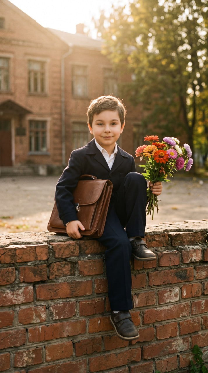 ИИ-фотосессия по фото: мальчик в винтажной советской школьной форме с кожаным портфелем и букетом цветов сидит на кирпичном заборе.