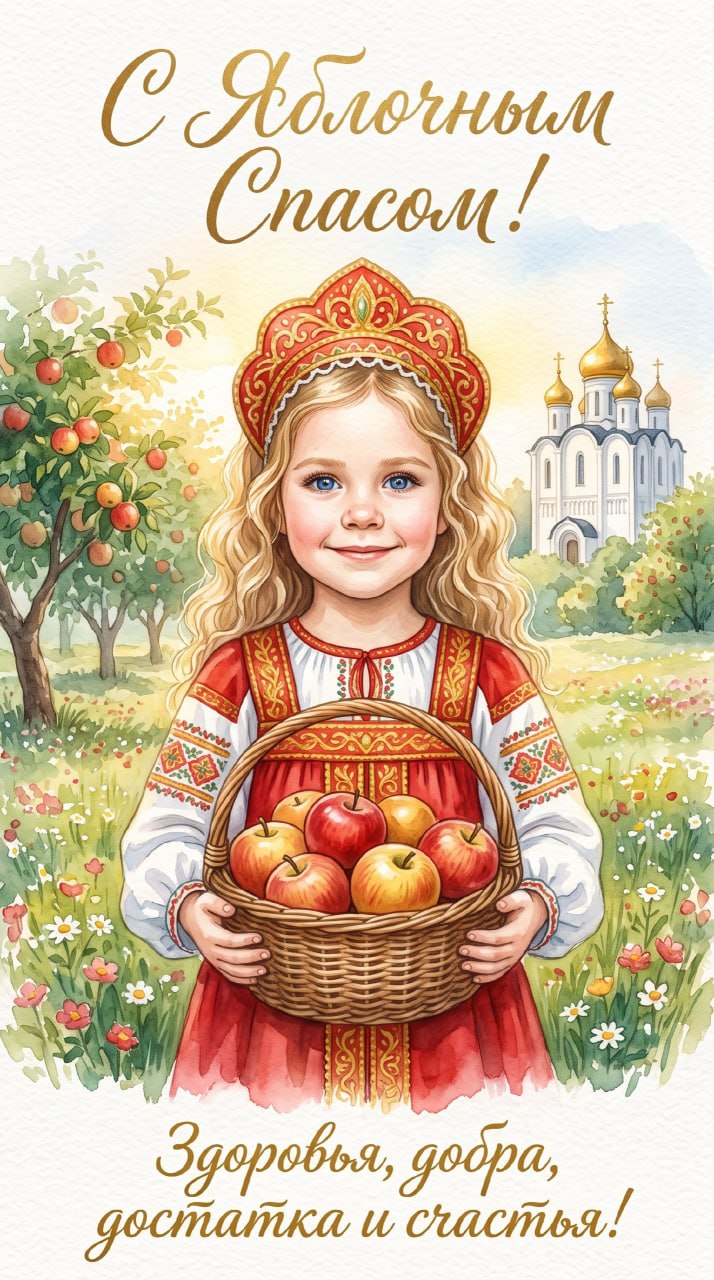 ИИ-фотосессия по фото: акварельный рисунок девочки в красном русском сарафане и кокошнике с корзиной яблок на фоне яблоневого сада и храма.