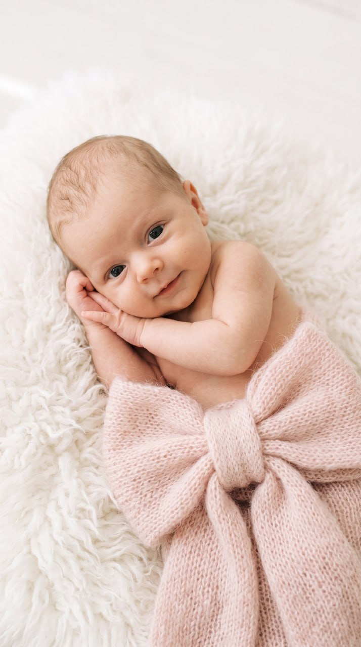 ИИ-фотосессия по фото: новорожденный младенец на белом пушистом пледе, обернутый в нежно-розовый вязаный бант в студийном свете.
