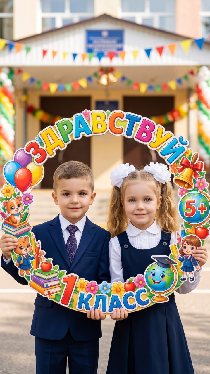 ИИ-фотосессия по фото: мальчик и девочка в школьной форме держат декоративную рамку «Здравствуй 1 класс» перед украшенным зданием школы.