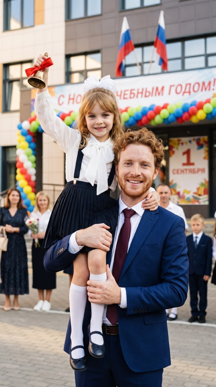 ИИ-фотосессия по фото: папа в костюме держит на плече дочку-первоклассницу со школьным колокольчиком на праздничной линейке 1 сентября.