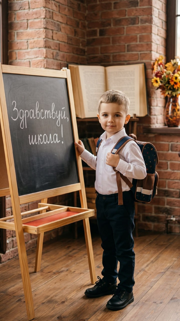 ИИ-фотосессия по фото: мальчик-первоклассник в белой рубашке и с рюкзаком стоит у доски с надписью Здравствуй, школа