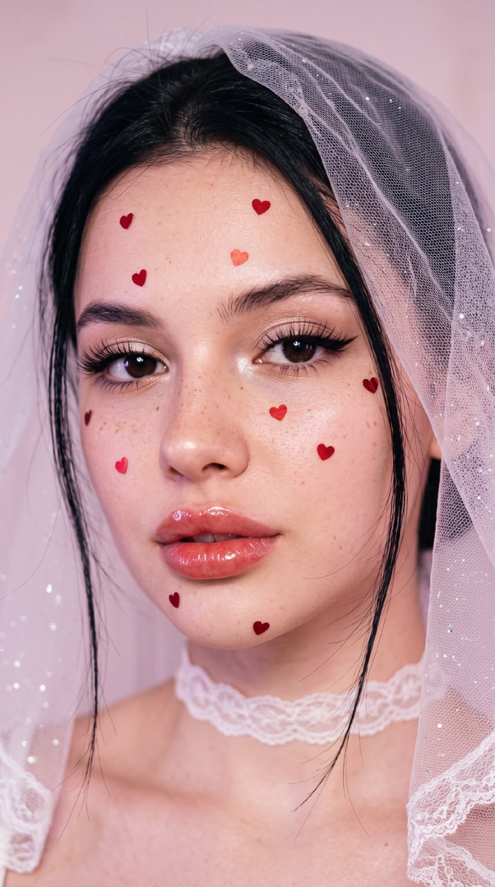 ИИ-фотосессия по фото: крупный бьюти-портрет девушки в белой фате, с кружевным чокером и маленькими красными сердечками на лице.