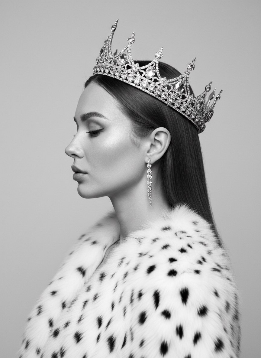 ИИ-фотосессия по фото: черно-белый портрет женщины в профиль с закрытыми глазами, в сияющей короне, длинных серьгах и светлой меховой накидке.