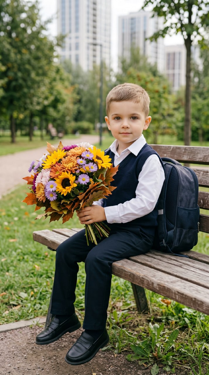 ИИ-фотосессия по фото: школьник в форме сидит на скамейке с осенним букетом цветов и рюкзаком в городском парке.