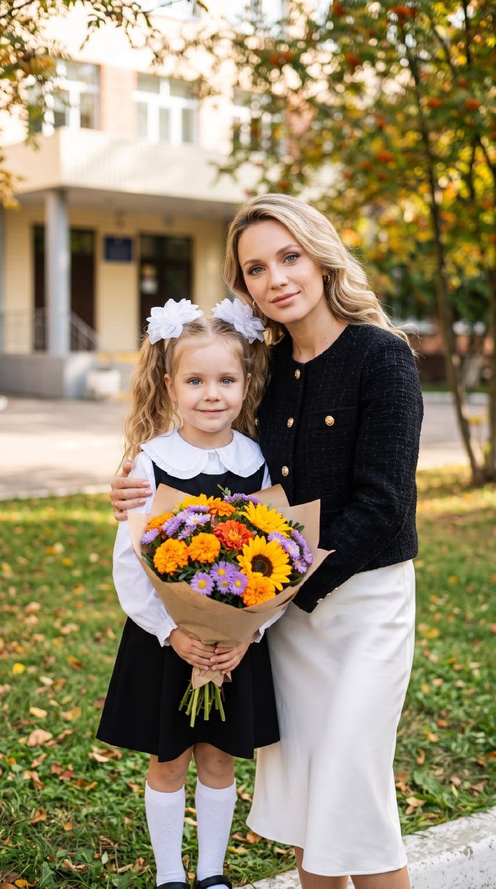 ИИ-фотосессия по фото: мама и дочь-первоклассница с осенним букетом цветов во дворе школы на 1 сентября.
