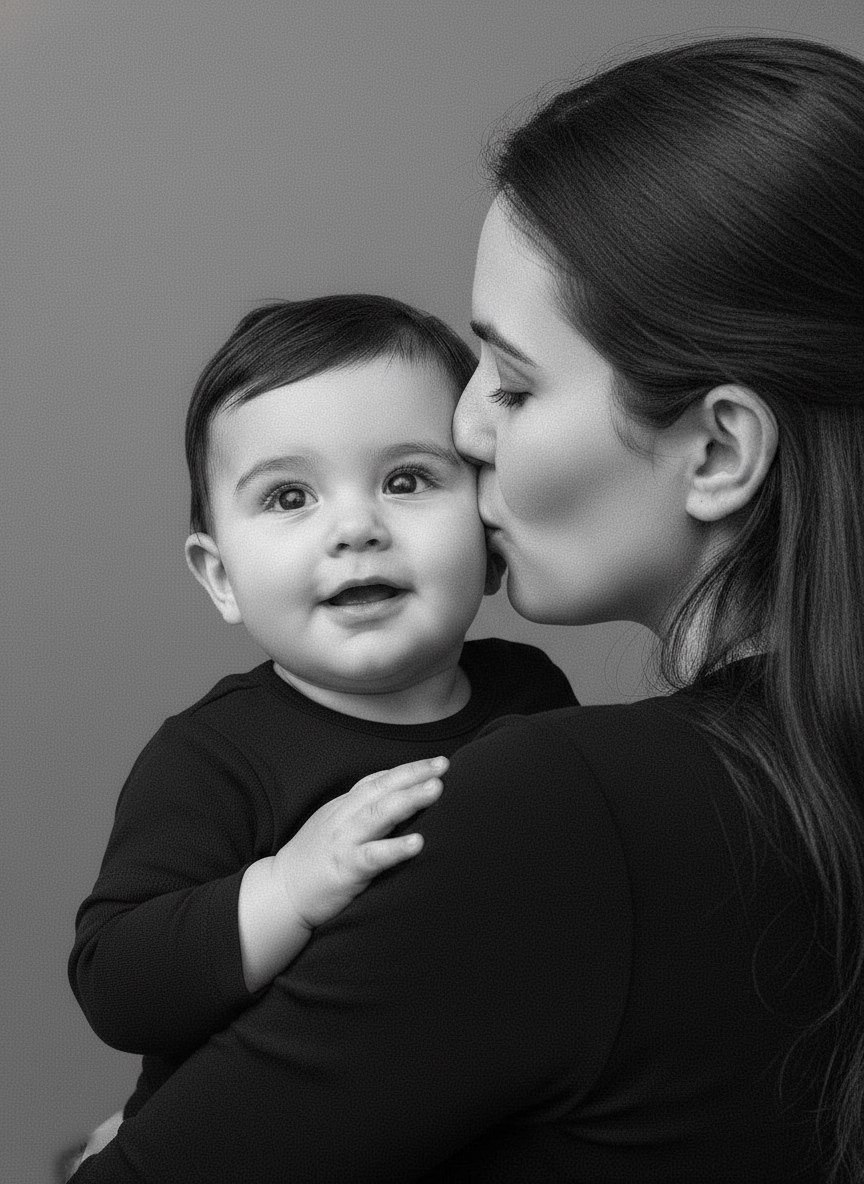 ИИ-фотосессия по фото: чёрно-белый студийный портрет женщины, нежно целующей младенца в щеку, в тёмной одежде на сером фоне.